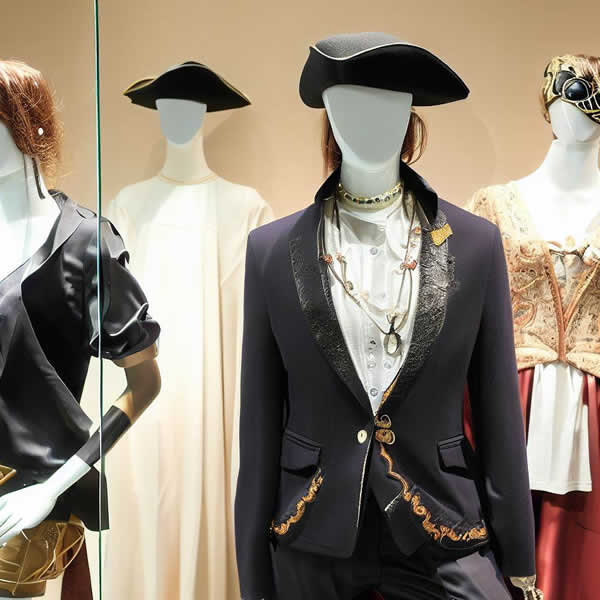 Des mannequins de vitrine qui portent des tenues élégantes de pirate, brodées d'or.