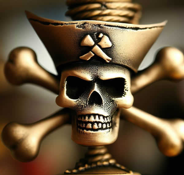 un trophée de pirate décoré d'une tête de mort et d'ossements