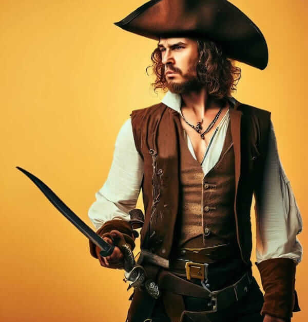 Une photo de Will Turner qui tient un sabre en main et qui regarde au loin, l'air courageux. Il porte un bicorne pointé vers l'avant.