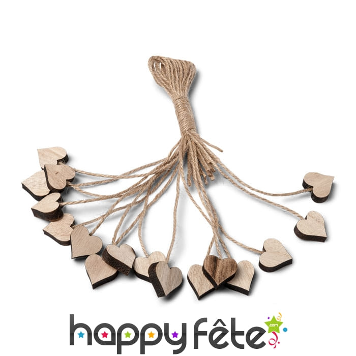 16 Coeurs marque place en bois sur ficelle