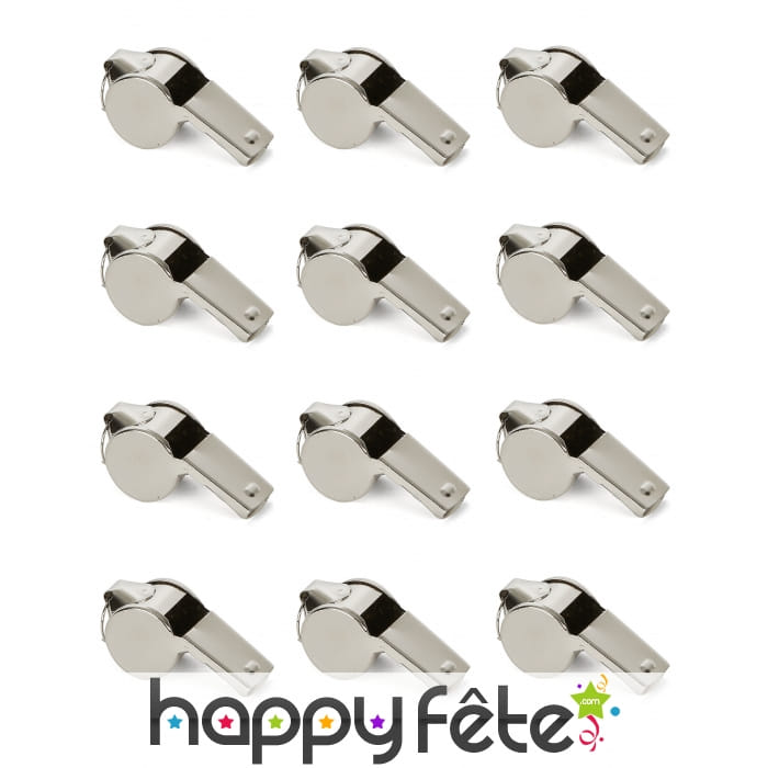 12 sifflets argentés de 4 cm avec anneaux