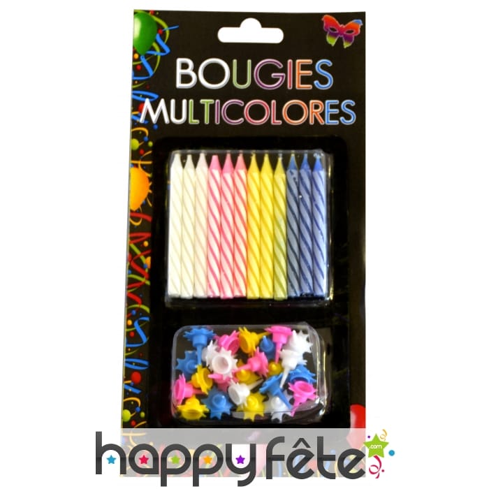 24 Bougies anniversaire avec bobeche multicolores
