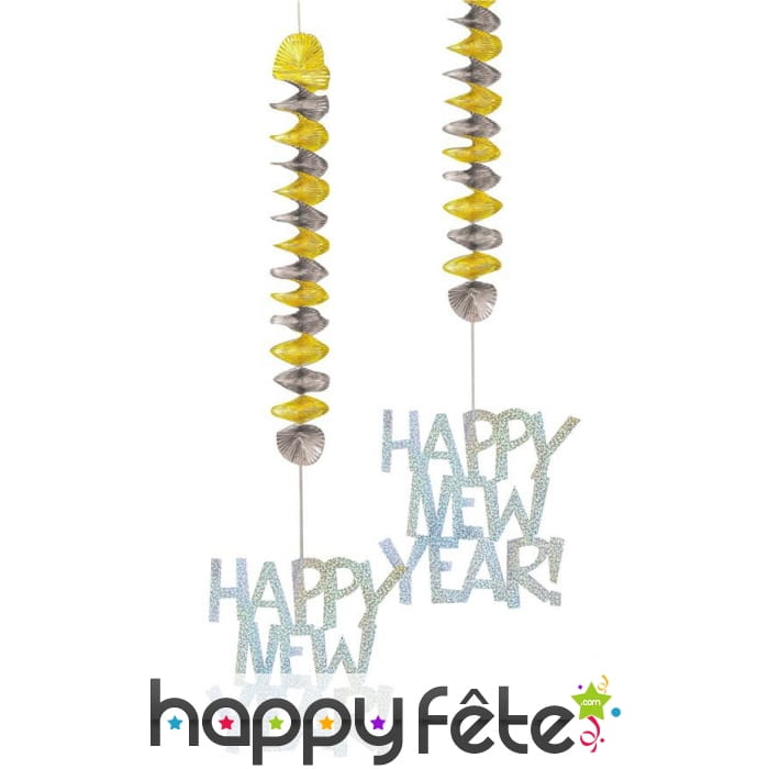 2 suspensions Happy New Year argentées de 76cm