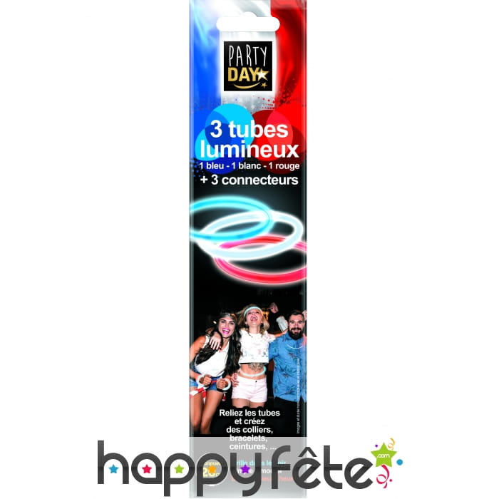 3 Bracelets bleu blanc rouge phosphorescent, 20cm