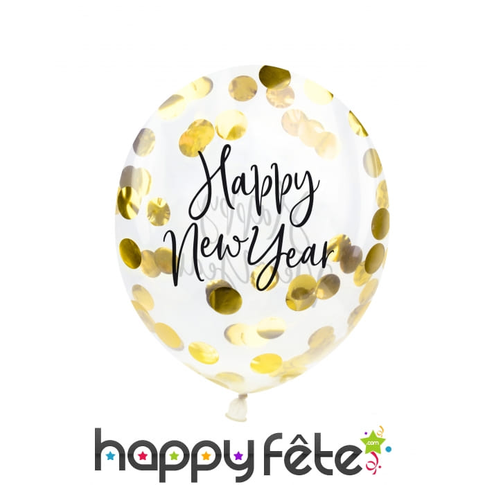 3 ballons Happy New Year transparent confettis or