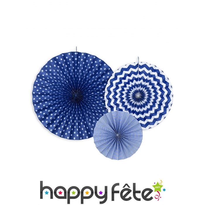 3 éventails ronds coloris bleus, 40,32 et 23cm