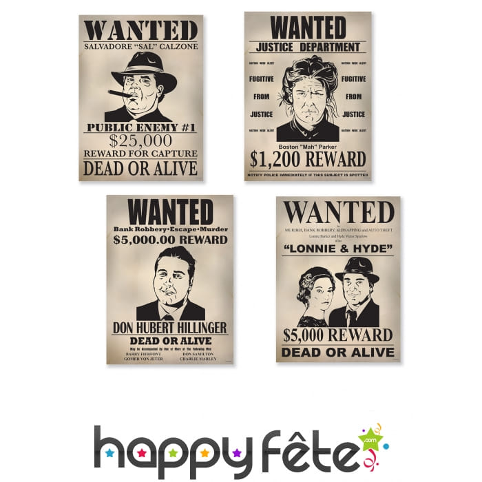 4 affiches Wanted en carton de 39cm