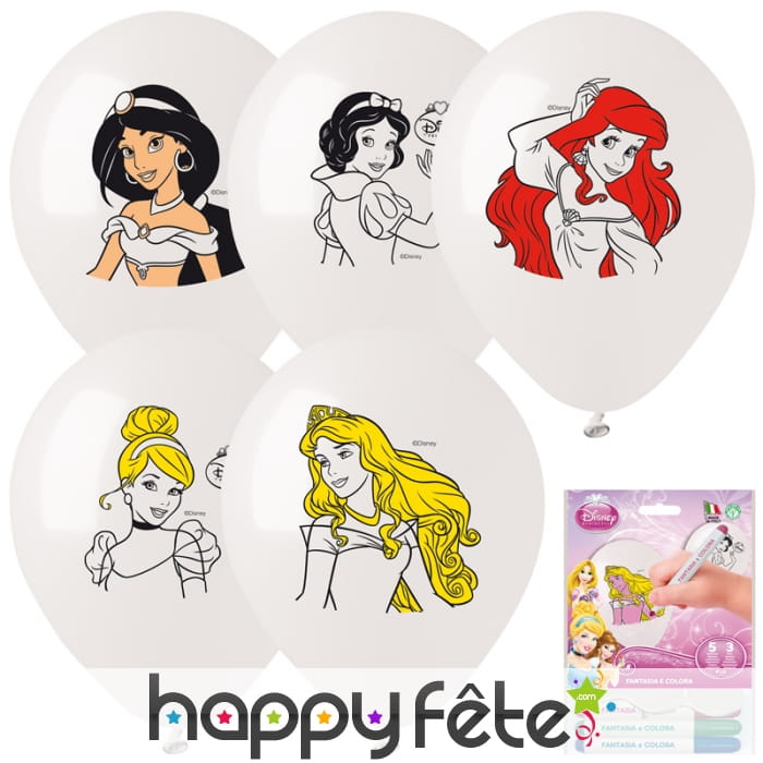 5 ballons à colorier princesses Disney