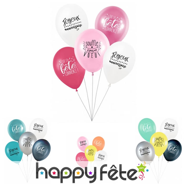 5 Ballons avec message d'anniversaire