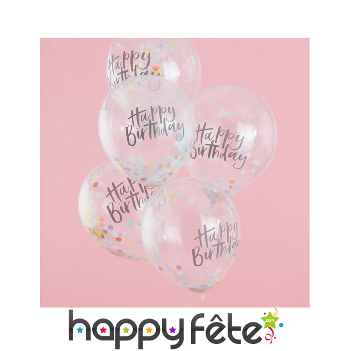 5 Ballons confettis Happy birthday transparents