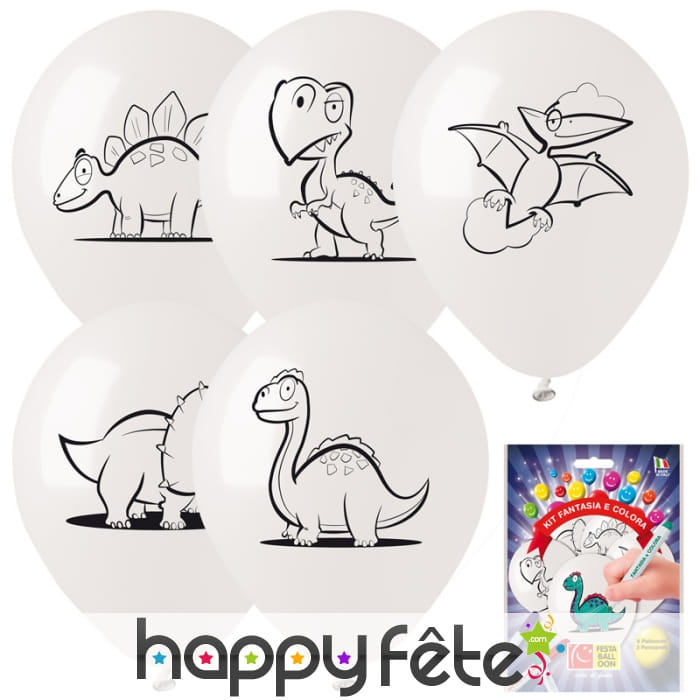 5 ballons Dino à colorier