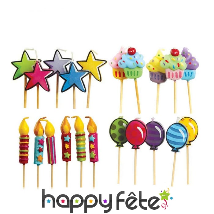 5 bougies fantaisies sur tige, assortiment