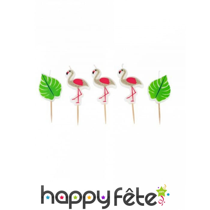5 Bougies flamant rose et feuille tropicale, 3,5cm