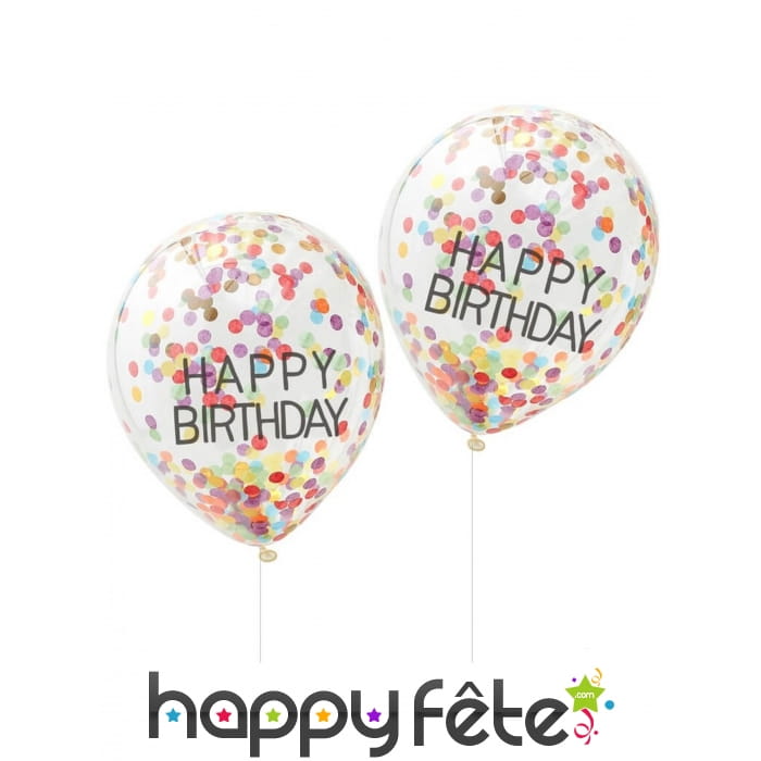 5 Ballons Happy birthday transparents confettis
