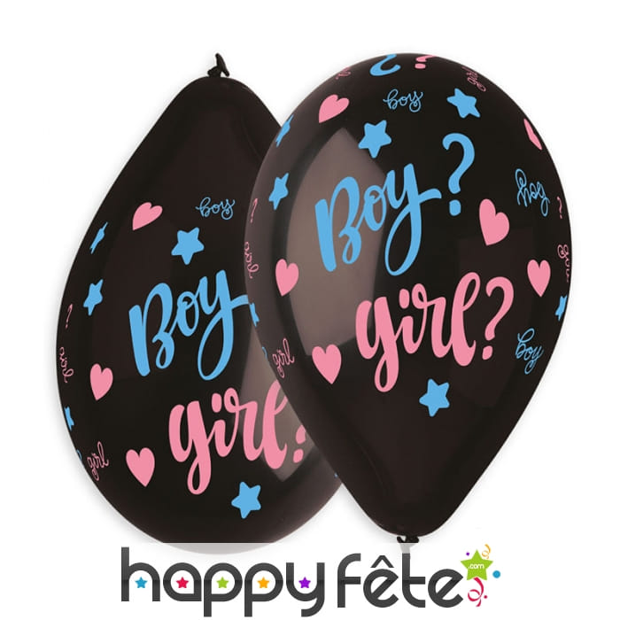 5 ballons noirs boy ou girl et confettis, 30cm