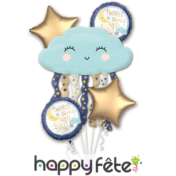 5 ballons rond étoile et nuage bleu heureux