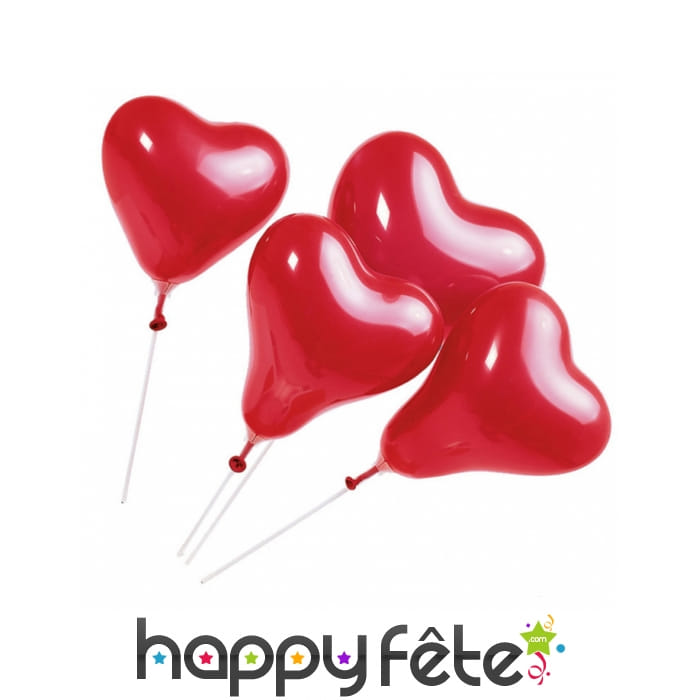 5 ballons rouges en forme de coeur sur tige, 20 cm