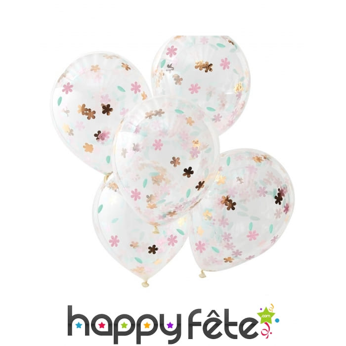 5 Ballons transparents imprimé confettis fleurs