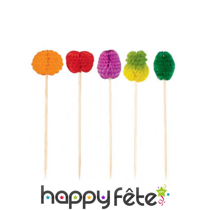 50 fruits alvéolés colorés sur pique en bois, 10cm