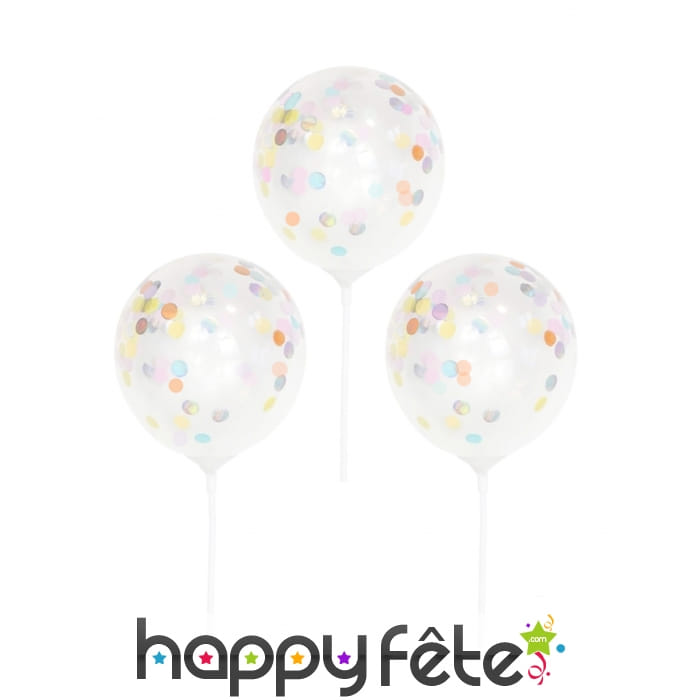 5 petits Ballons confettis transparents sur tige