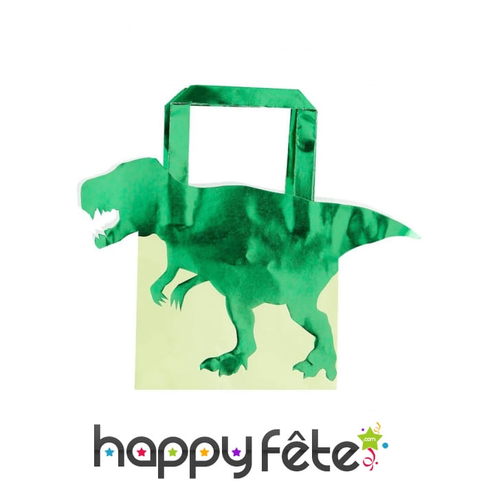 5 Sacs cadeaux T-rex vert en papier de 22,5 cm