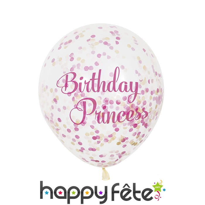 6 Ballons Birthday Princess transparent, confettis