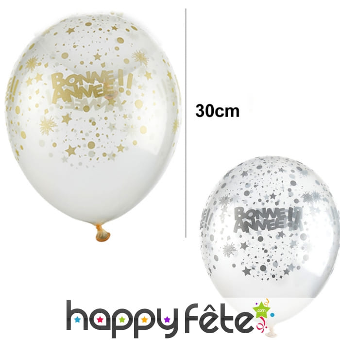 6 Ballons Bonne année transparents de 30 cm