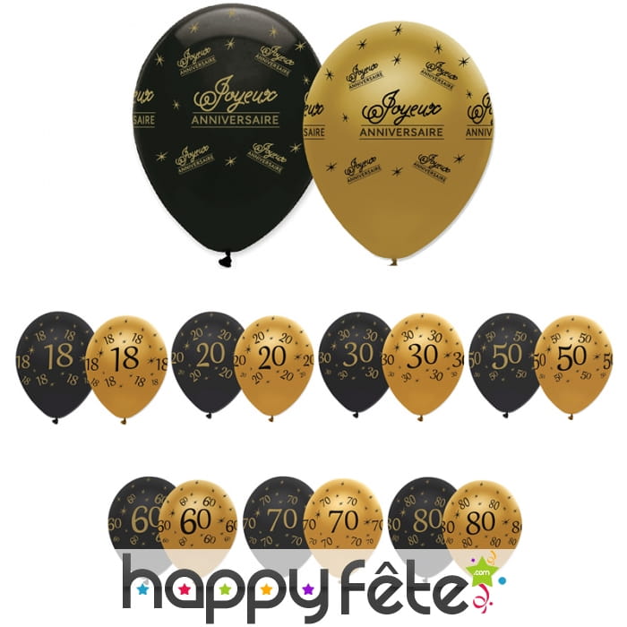 6 Ballons d'anniversaire noir et or