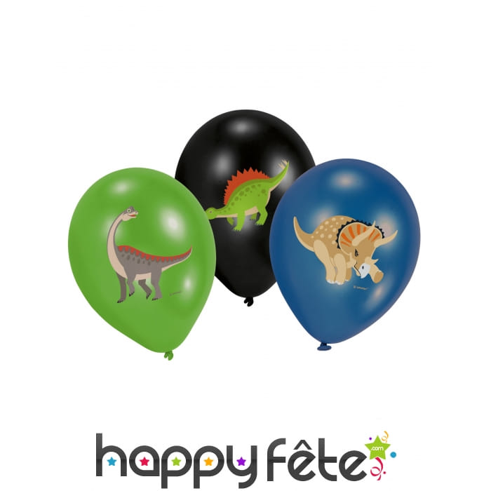 6 Ballons Dinosaures noir vert bleu de 27,5 cm