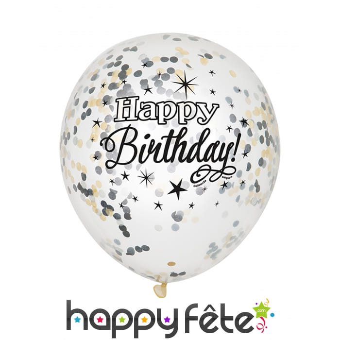 6 Ballons Happy Birthday confettis argent or