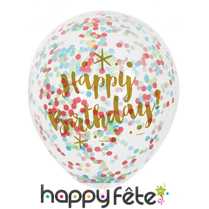 6 Ballons Happy Birthday confettis colorées