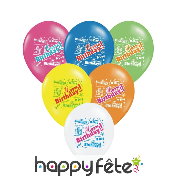 6 Ballons Happy Birthday de toutes les couleurs