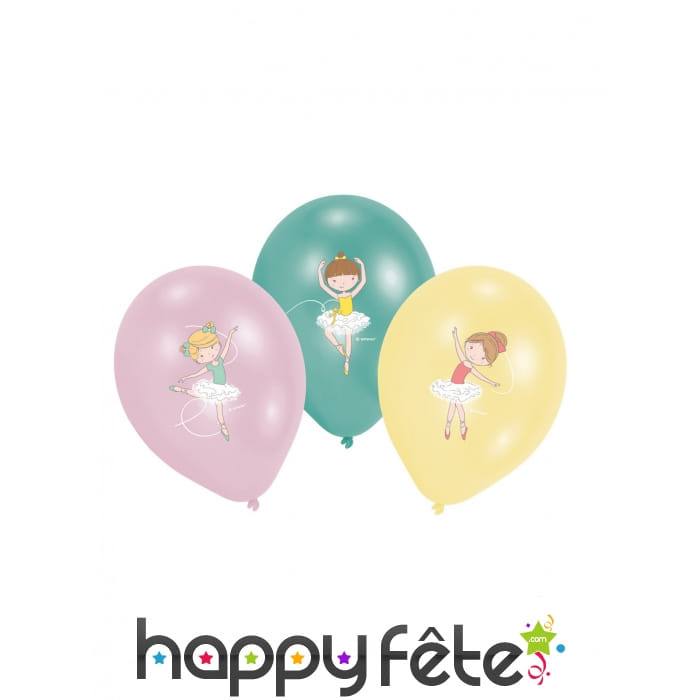 6 Ballons imprimé danseuse rose vert jaune, 27,5cm