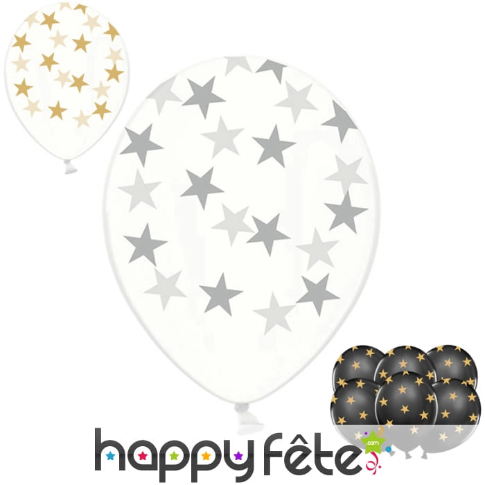 6 Ballons transparents en latex avec étoiles