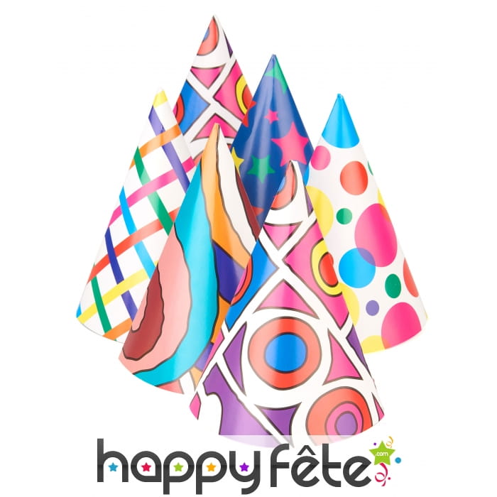 6 Chapeaux cotillons avec motifs colorés