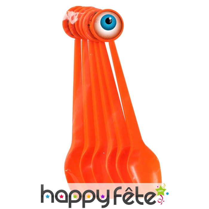 6 Cuillères oranges avec oeil, Halloween, 17cm