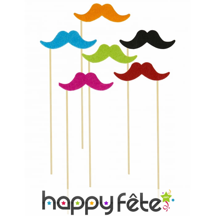 6 moustaches fluos sur pics, pour photo