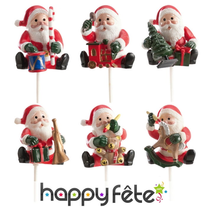 6 Pères Noël sur pic pour bûche