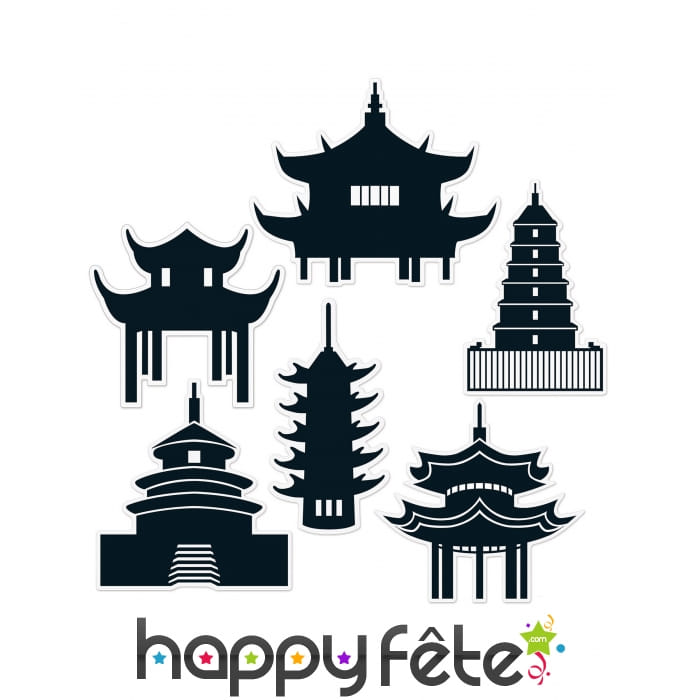 6 Silhouettes de bâtiments asiatiques monochromes