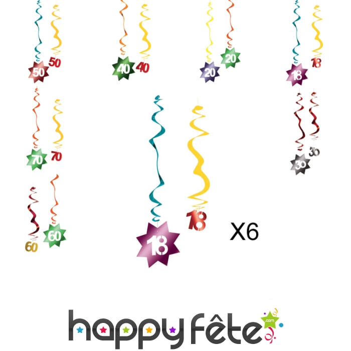 6 suspensions nombre anniversaire, métallisées