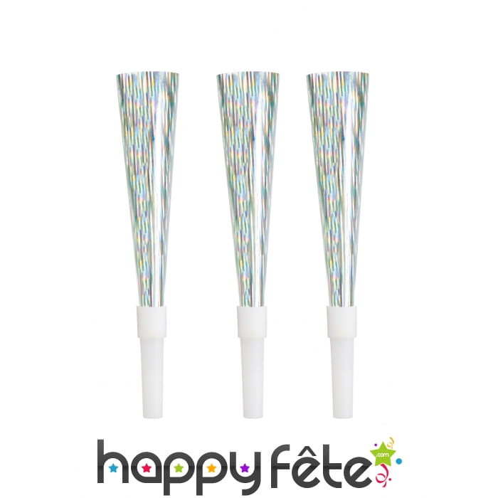 6 Trompettes cotillon argentées irisées