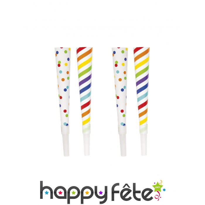 6 Trompettes cotillon colorées à pois et rayées