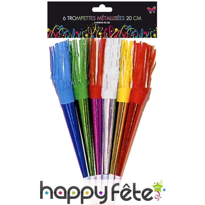 6 trompettes cotillon colorées