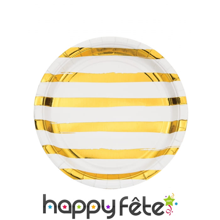 8 Assiettes en carton blanches rayures dorées 23cm