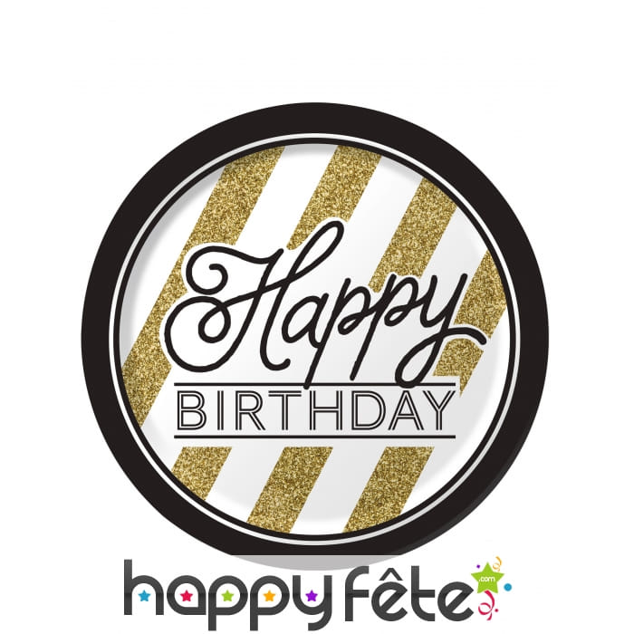8 Assiettes Happy Birthday Noir et doré