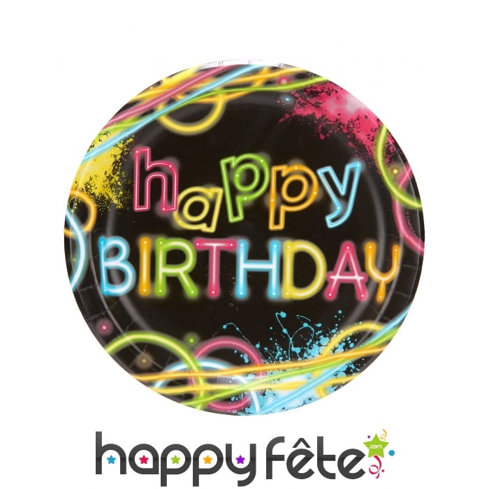 8 assiettes Happy Birthday soirée fluo, 22cm