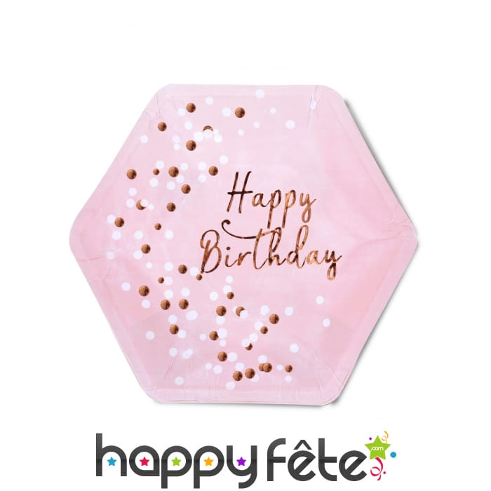 8 Assiettes hexagonales rose Happy Birthday