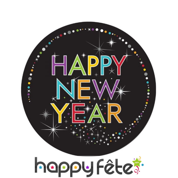 8 Assiettes noire imprimé Happy New Year coloré