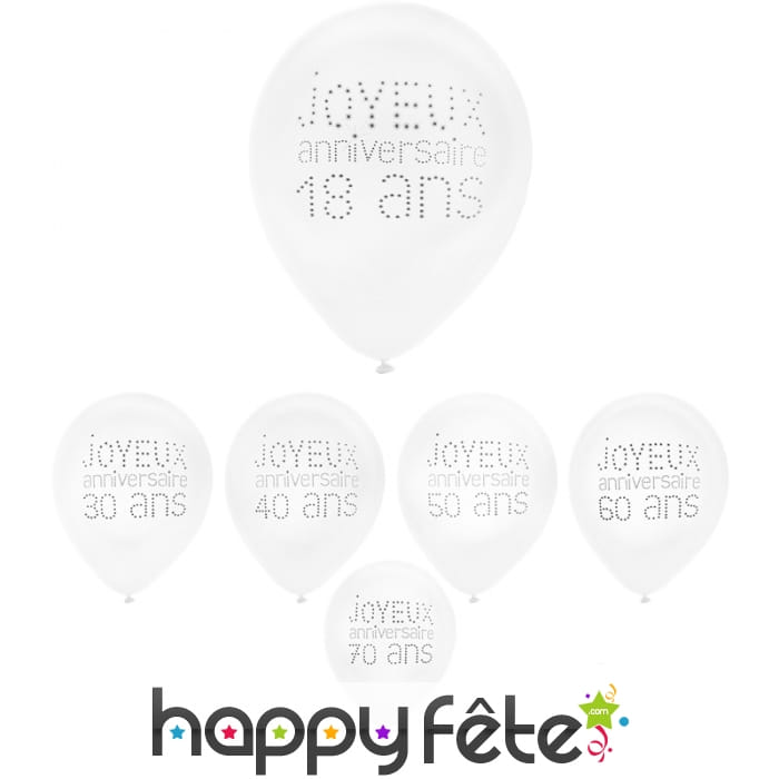 8 Ballons blancs danniversaire avec âge imprimé