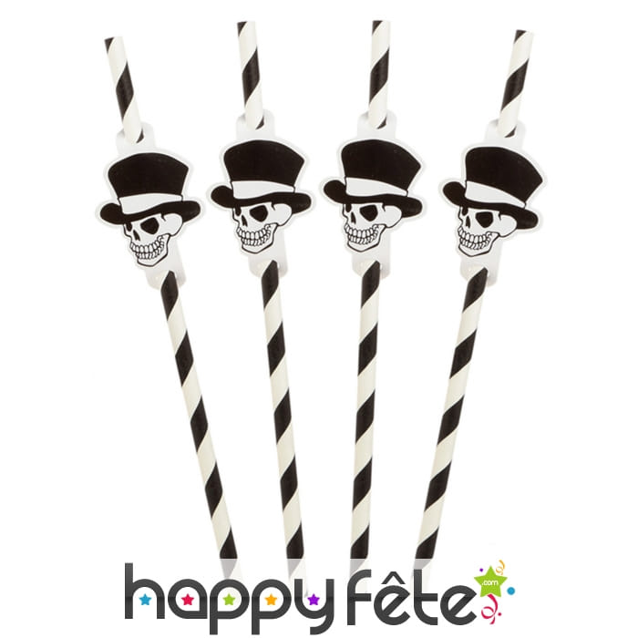 8 Pailles rayées blanc noir avec crâne